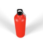 A red water bottle with a black cap and a silver carabiner attached to the lid. The bottle is standing upright against a plain white background.