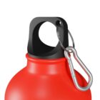 Close-up of a red water bottles black cap featuring a metal carabiner attached to it. The carabiner is silver in color and is clipped to a loop on the cap. The bottle is rounded and smooth.