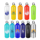 A collection of eleven colorful water bottles displayed in two rows. Each bottle has a unique color and logo, including bright blue, orange, yellow, red, green, black, silver, and white variations, with designs ranging from sports to outdoor themes.