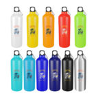 Eleven colorful water bottles in a grid pattern. Each bottle has a small carabiner attached to the lid and features a palm tree and wave design with the text North Easter Beach Club. Colors include white, yellow, orange, green, red, blue, black, and silver.