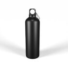 A sleek black water bottle with a silver carabiner attached to its cap, placed upright against a white background.