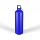 A blue metal water bottle with a black screw cap and a small silver carabiner attached, set against a plain white background.