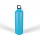 A blue water bottle with a black cap and a small silver carabiner attached. The bottle stands upright against a plain white background.