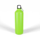 Bright green metal water bottle with a black cap and a metal carabiner attached, set against a plain white background.