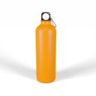 Orange reusable water bottle with a black cap and a silver carabiner clipped to the loop, standing upright against a white background.