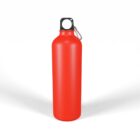 A red, stainless steel water bottle with a black loop cap and silver carabiner attached. The bottle is standing upright on a white background.