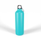 A teal metal water bottle with a black cap and a metal carabiner attached to the loop. The background is white, highlighting the minimalist design of the bottle.