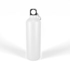 A plain white water bottle with a black cap and a metal carabiner attached sits against a white background.