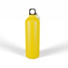 A yellow metal water bottle with a black cap and a carabiner attached, placed against a white background.