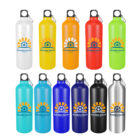 Twelve colorful metal water bottles in various hues, each with a Sunshine Soccer Club logo featuring a sun and soccer ball. Bottles have black caps with carabiners attached for easy carrying.