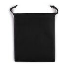 A black drawstring pouch lies flat against a white background. The pouch is rectangular in shape and has black drawstrings on both sides at the top, which are knotted at the ends.