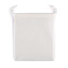A plain, white drawstring pouch with a smooth texture is shown against a white background. The strings are tied in simple knots at each end. The pouch appears flat and empty.