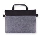 Gray felt laptop bag with a black top section. It features a black handle and a zipper running across the front.