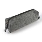 A rectangular, gray felt pencil case with a black zipper and pull tab, placed on a white background.