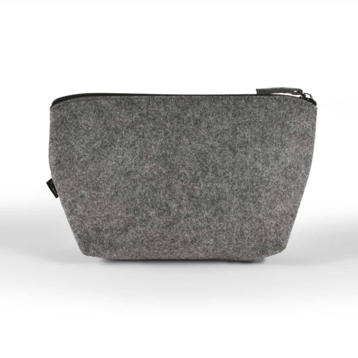 A gray felt zippered pouch with a minimalist design. The pouch is standing upright against a plain white background, showing its simple rectangular shape and textured material.