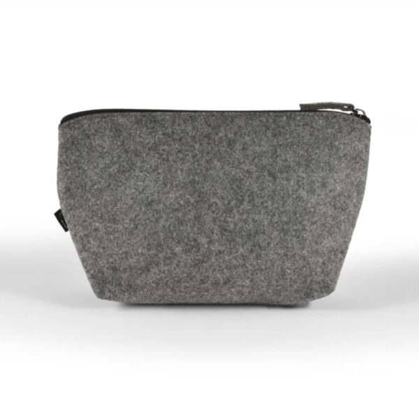 A gray felt zippered pouch with a wide base tapers towards the top. It is simple and unadorned, with a small black tag on the side. The pouch is set against a plain white background.