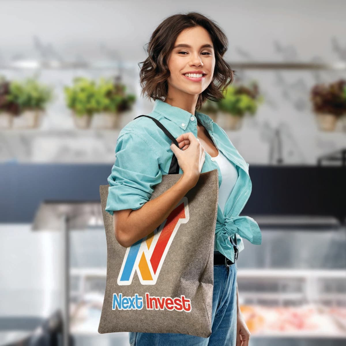 A woman smiles while holding a tote bag with a colorful arrow design and the words Next Invest. She is wearing a light blue shirt and jeans. The background features a blurred indoor setting with plants.