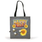 Gray tote bag with black handles featuring the text HAPPY BEES above images of sunflowers and bees. Text below reads Candles & Wax Products.