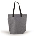 A gray felt tote bag with two black handles is centered against a plain white background. The bag has a simple, minimalist design, with a slightly textured fabric and a rectangular shape.