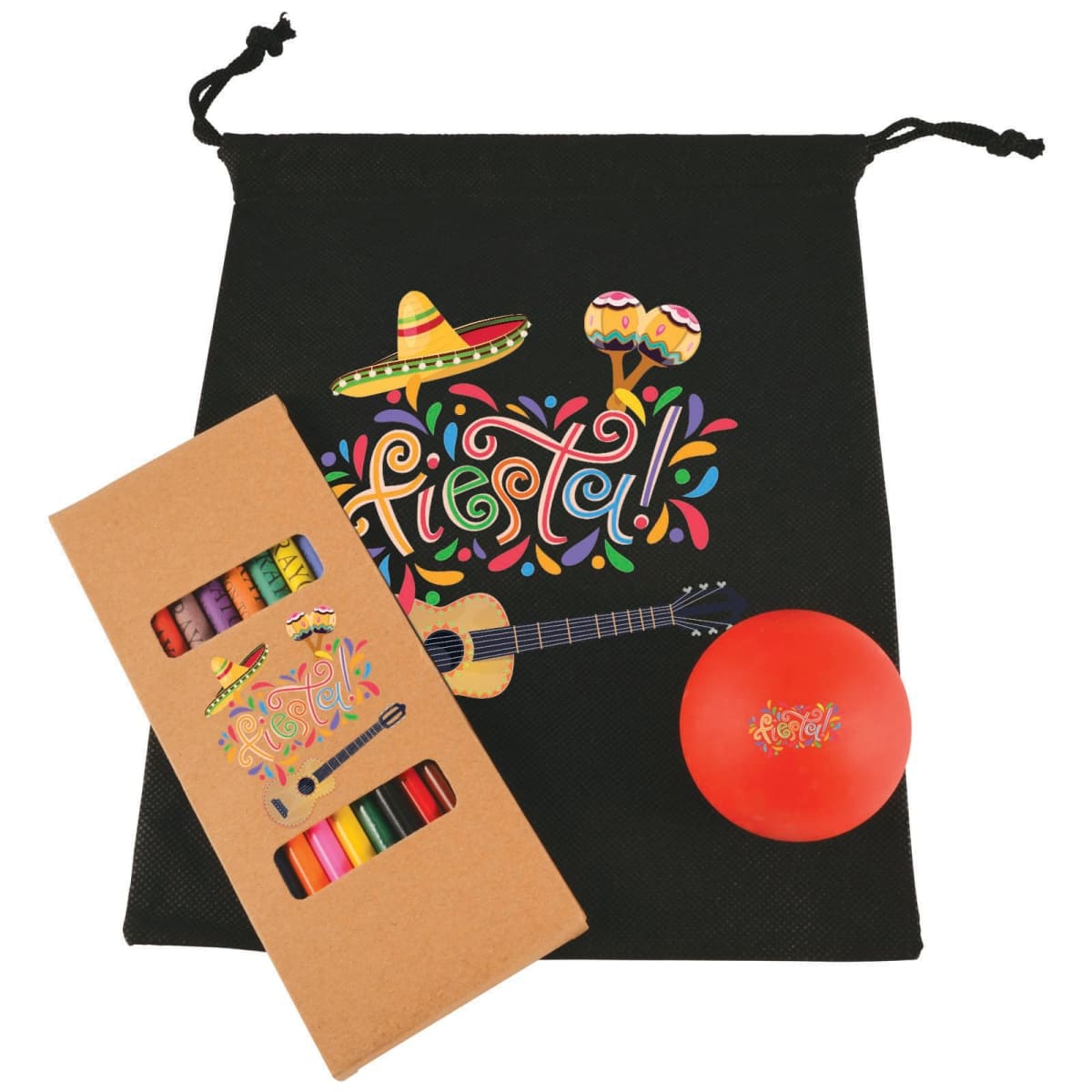 Fiesta-themed gift set featuring a black drawstring bag with colorful designs of a sombrero, maracas, and guitar. Includes a box of crayons showing similar graphics and a red ball with a fiesta pattern. Bright and festive presentation.
