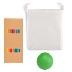 A set of colored pencils in a brown box with rectangular windows, a plain white drawstring pouch, and a green rubber ball.