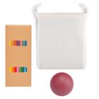A set containing a brown box with colorful crayons visible through a window, a white drawstring pouch, and a red rubber ball, arranged on a white background.