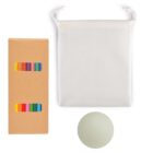 A set consisting of a brown box with visible colorful chalk, a plain white drawstring pouch, and a light green ball.