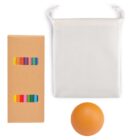 A set of colorful pencils in a brown box with window cutout displaying the colors inside, a white drawstring pouch, and an orange stress ball. Items are arranged against a plain white background.
