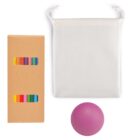 A white drawstring bag, a brown box with a clear window showing colorful crayons, and a purple stress ball are arranged on a white background.