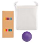 A vertically oriented boxed set of colorful chalk sticks next to a white drawstring pouch and a purple rubber ball.