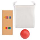 A box with multicolored chalk sticks, a white drawstring pouch, and a red rubber ball are arranged on a white background.