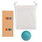 A rectangular cardboard box with slots revealing colorful chalks, a white drawstring pouch, and a teal ball are arranged on a white background.