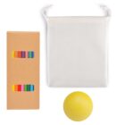 A set of colorful crayons in a brown box, a white drawstring pouch, and a yellow rubber ball are arranged on a white background.