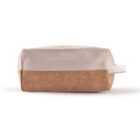 A rectangular cosmetic bag with a natural cork bottom and a cream fabric top. The bag has a zipper closure and a small loop handle on one side, set against a white background.