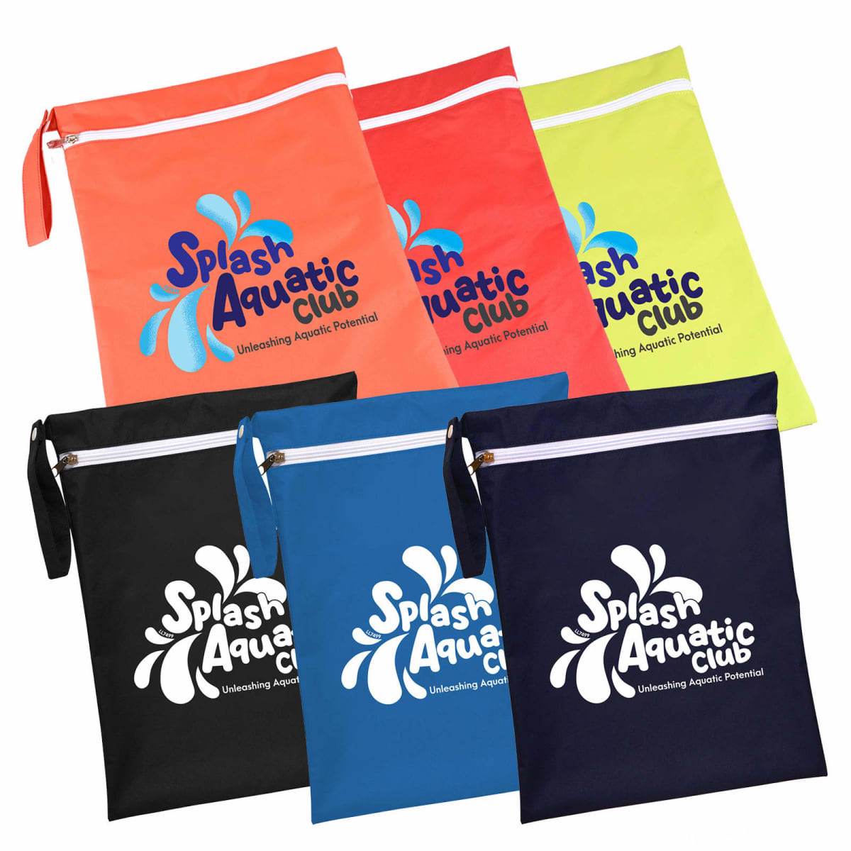 Six colorful drawstring bags with Splash Aquatic Club and a splash design printed on them. The bags are in orange, red, yellow, black, blue, and dark blue, each with a white zipper.