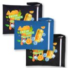 Three themed zippered bags are displayed. Each features a can of orange juice, ice cubes, and the text Fresh Juice 100% Natural with orange slices and green leaves. The bags are in black and blue colors.