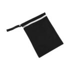A black zippered pouch with a white zipper and an attached strap on one corner, displayed on a white background.