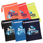 Six colorful zippered bags with the Splash Aquatic Club logo in blue and white, featuring text Unleashing Aquatic Potential. The bags are orange, red, yellow, black, light blue, and dark blue.