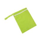 A bright green zippered pouch with a wrist strap on one corner, lying flat on a white background.