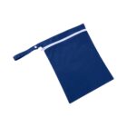 A flat, rectangular, dark blue fabric pouch with a side zipper and a handle. The pouch is displayed on a plain white background.
