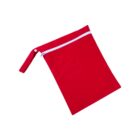 A red zippered pouch with a matching strap and white zipper set against a plain white background.