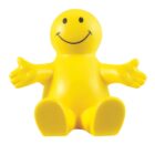 A yellow, round, smiling figure with outstretched arms and feet, resembling a stylized person. The face features two black dots for eyes and a curved black line for a smile, set against a plain white background.