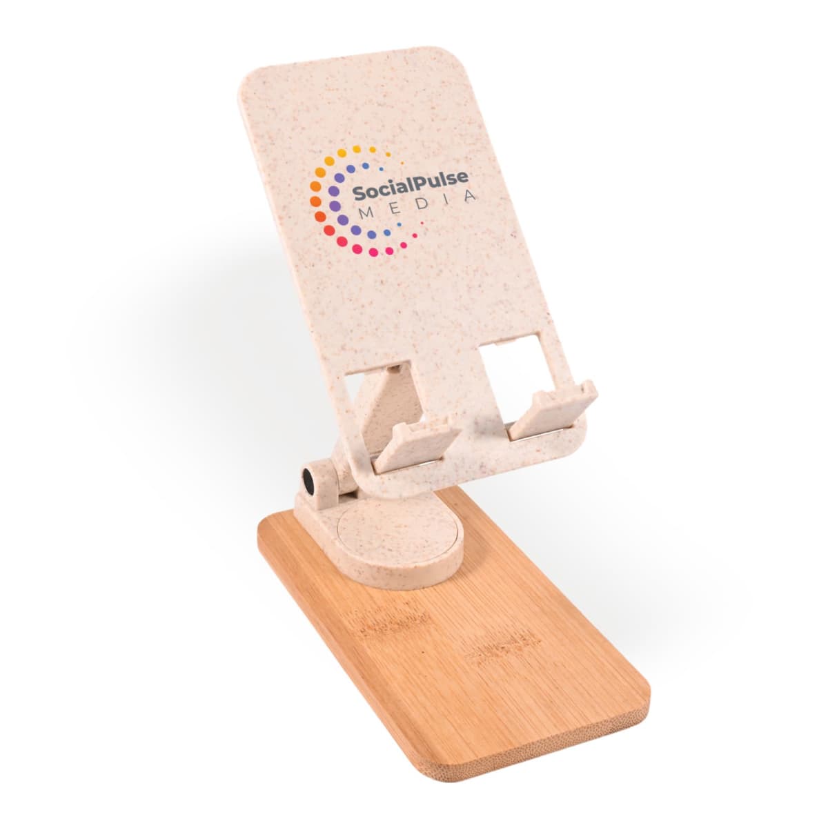 A beige and wooden phone stand with the logo SocialPulse Media on the backrest. The stand features adjustable hinges and grooves for securing a phone in place.