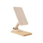 A beige adjustable phone stand with a wooden base, featuring two slots at the bottom for holding devices. The stands arm is positioned to support a phone or tablet upright.