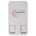A rectangular, white charging adapter with Social Pulse Media logo and text. The logo features a crescent of colorful dots. There are two USB ports at the bottom.