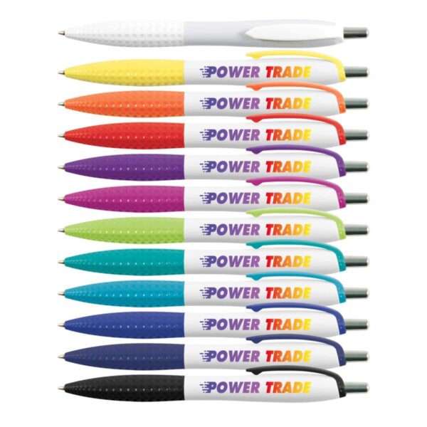 A collection of twelve colorful pens arranged in two vertical rows. The pens have white caps and ends, with POWER TRADE written on the barrels in purple and yellow. The grips are in various colors including red, blue, green, and black.
