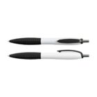 Two ballpoint pens with white barrels and black rubber grips are shown side by side, one facing up and the other down. Both pens have a black clip and retractable push button on top. The pens are isolated on a white background.