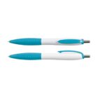 Two ballpoint pens with turquoise grips and clips are placed horizontally. The pens have a white body with silver tips and retractable buttons. One pen faces left and the other faces right against a plain white background.