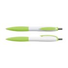 Two ballpoint pens with white bodies and light green accents on the grips, clips, and click buttons, displayed horizontally against a white background.