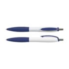 Two identical ballpoint pens with white bodies and blue grips. Each pen has a blue click mechanism and clip, with the tips facing opposite directions. The pens are shown on a plain white background.